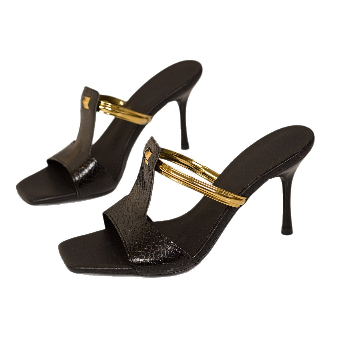 Damen Absatzsandalen mit glitzernden goldenen Akzenten und stilvollem Schlaufen-Design EB