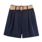Damen elegante Shorts mit breitem, geflochtenem Gürtel EB