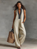 Damen luftiger Jumpsuit mit elegantem V-Ausschnitt und besticktem Kragen EB