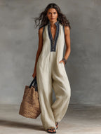 Damen luftiger Jumpsuit mit elegantem V-Ausschnitt und besticktem Kragen EB
