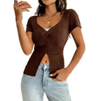 Damen figurbetontes Kurzarmshirt mit Knopfleiste EB