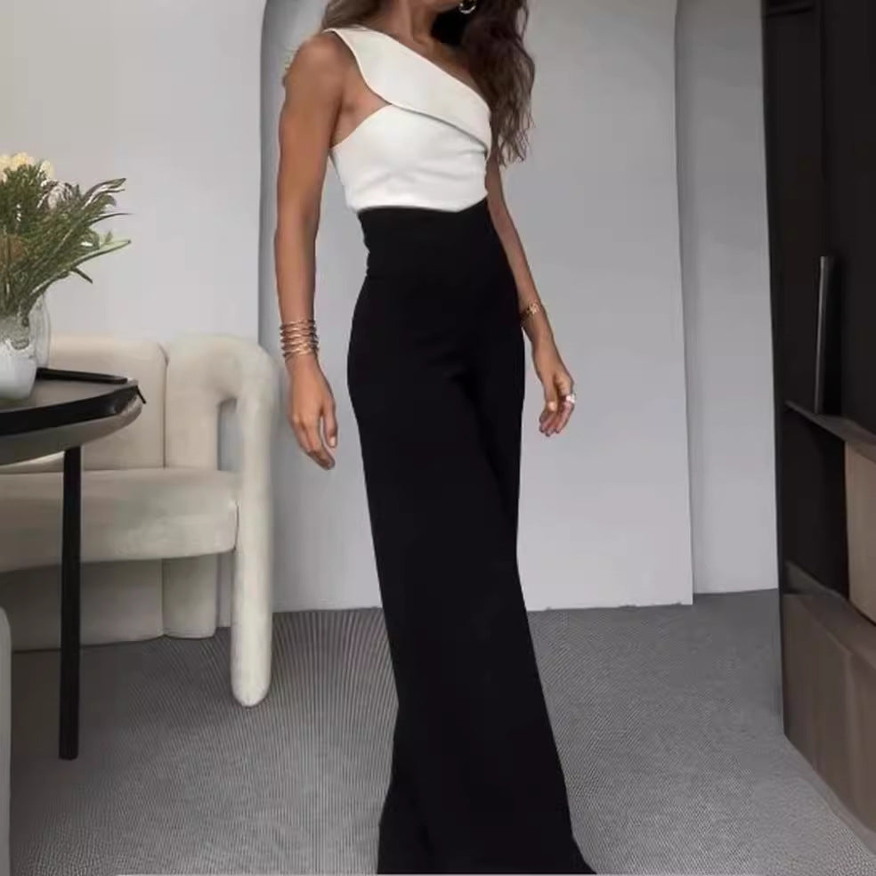 Damen Einseitiger Jumpsuit mit weitem Bein und dekorativem Ausschnitt EB