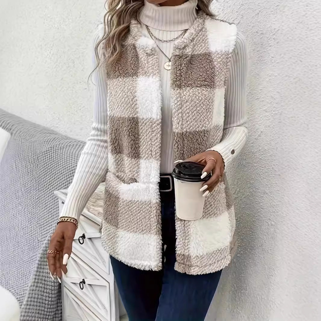 Damen Flauschige Weste mit Karomuster und Taschen EB