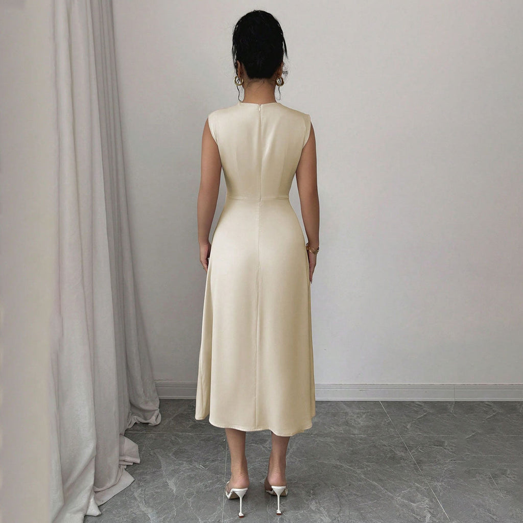 Damen elegantes ärmelloses Midi-Kleid mit drapiertem Ausschnitt EB