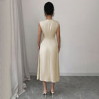 Damen elegantes ärmelloses Midi-Kleid mit drapiertem Ausschnitt EB