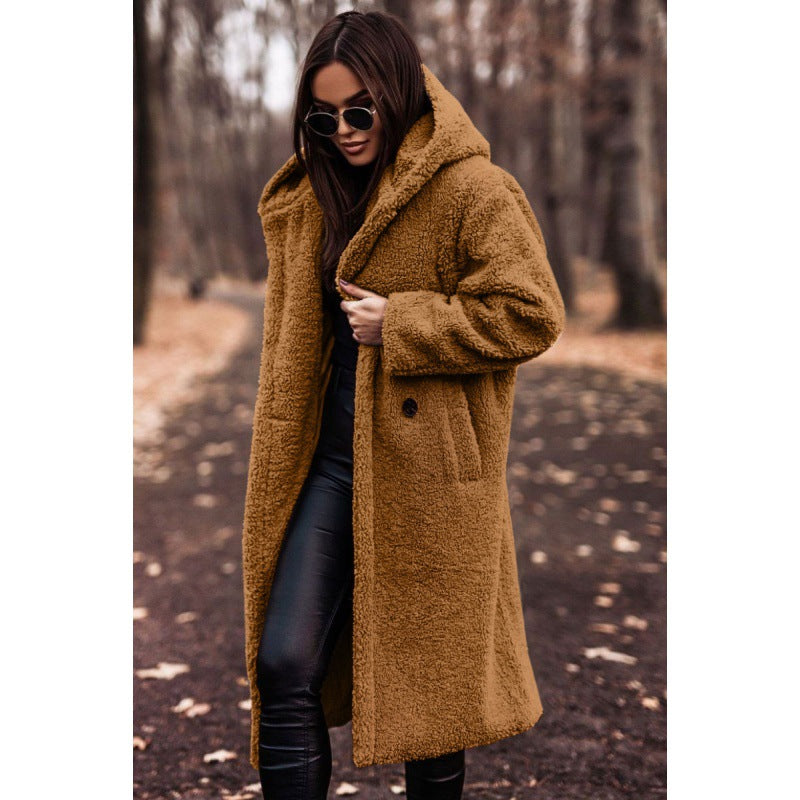 Damen kuscheliger Fleece-Mantel mit Kapuze und praktischen Taschen EB