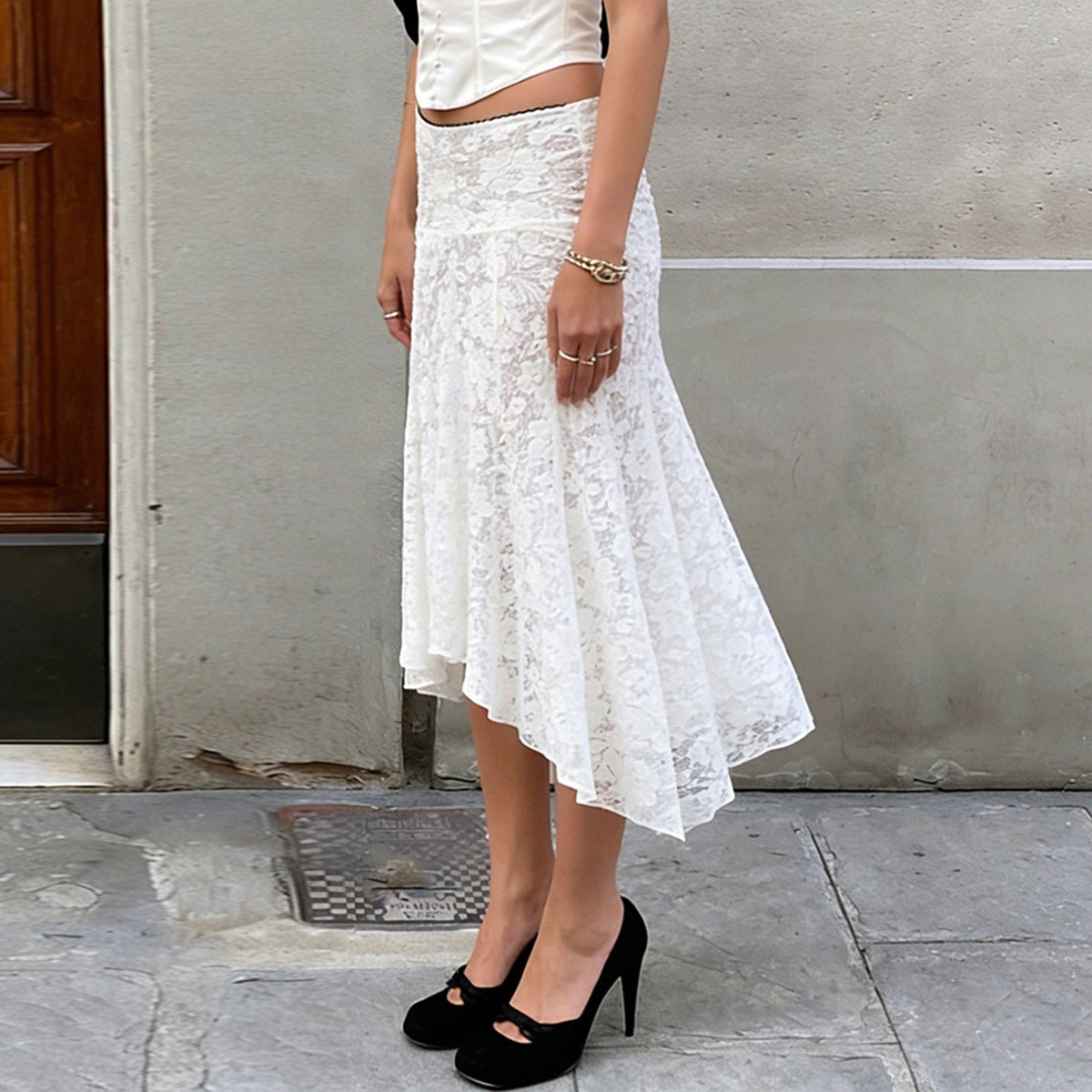 Damen eleganter Spitzenrock mit asymmetrischem Schnitt EB