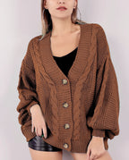 Damen Grobstrick-Cardigan mit großen Knopfdetails und voluminösen Ärmeln EB