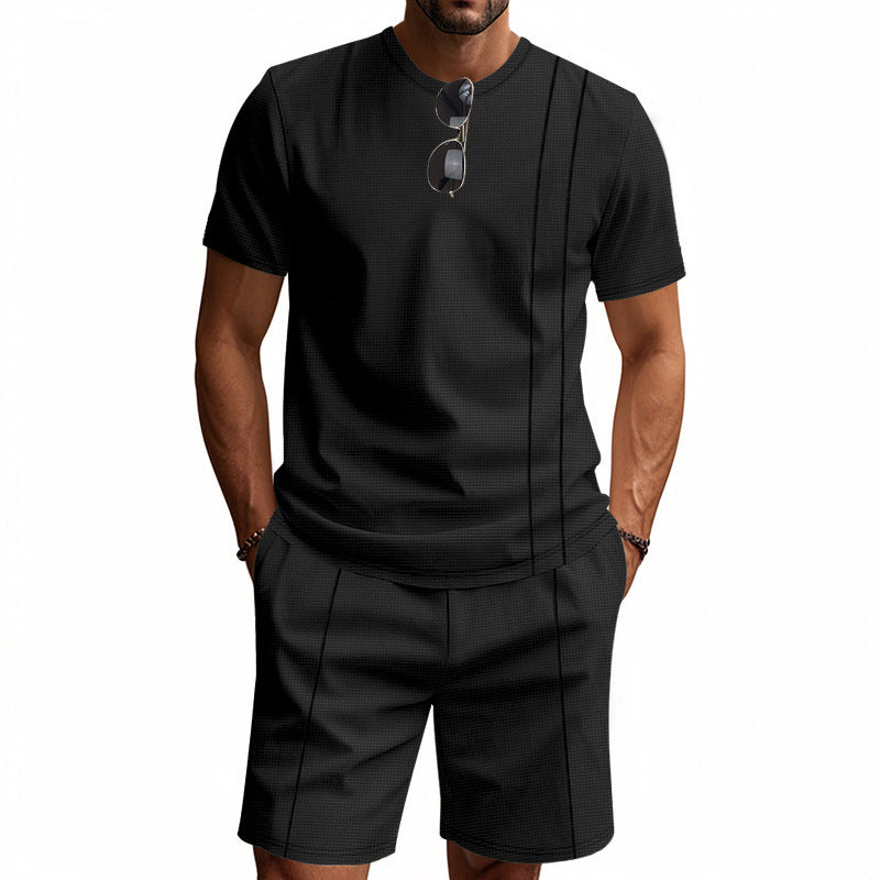 Herren-Set aus strukturiertem Jersey-Kurzarmhemd und passender Shorts mit Falten