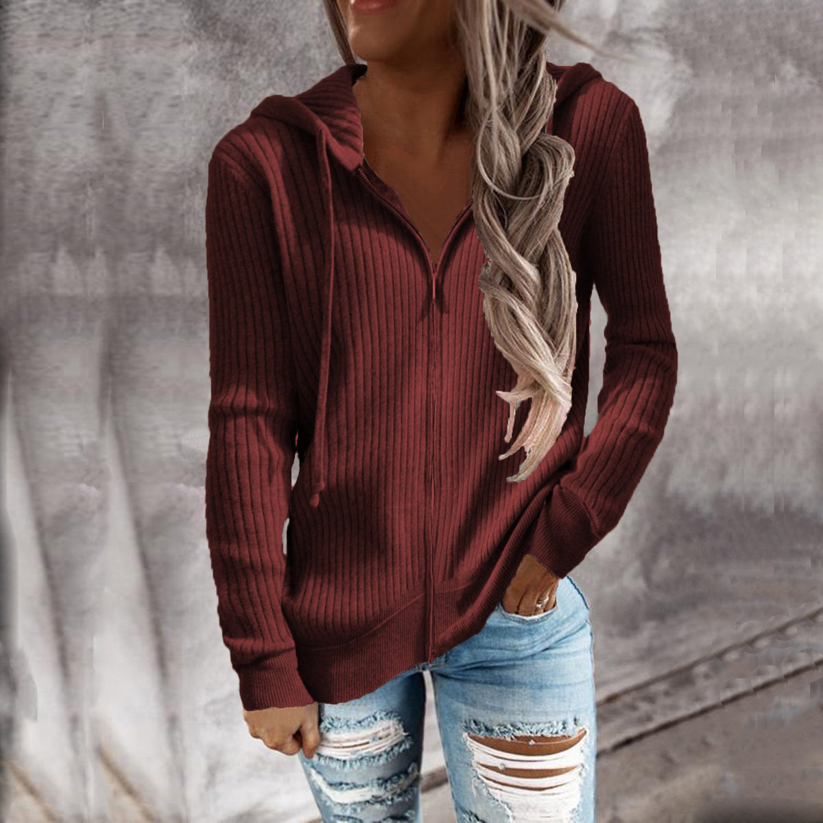 Damen Kapuzenjacke im modernen Rippenstrickdesign mit Taschen EB