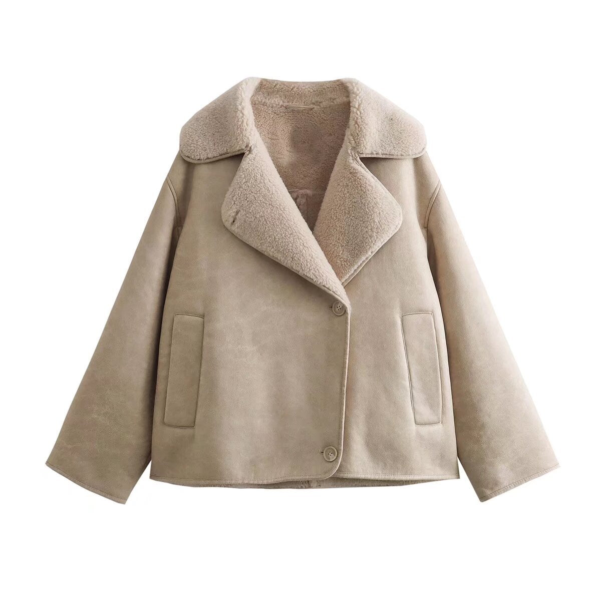 Damen Kunstpelzjacke mit stilvollem Kragen und praktischen Taschen EB