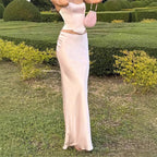 Damen Elegante Satin-Maxirock mit hohem Schlitz und taillierter Passform EB