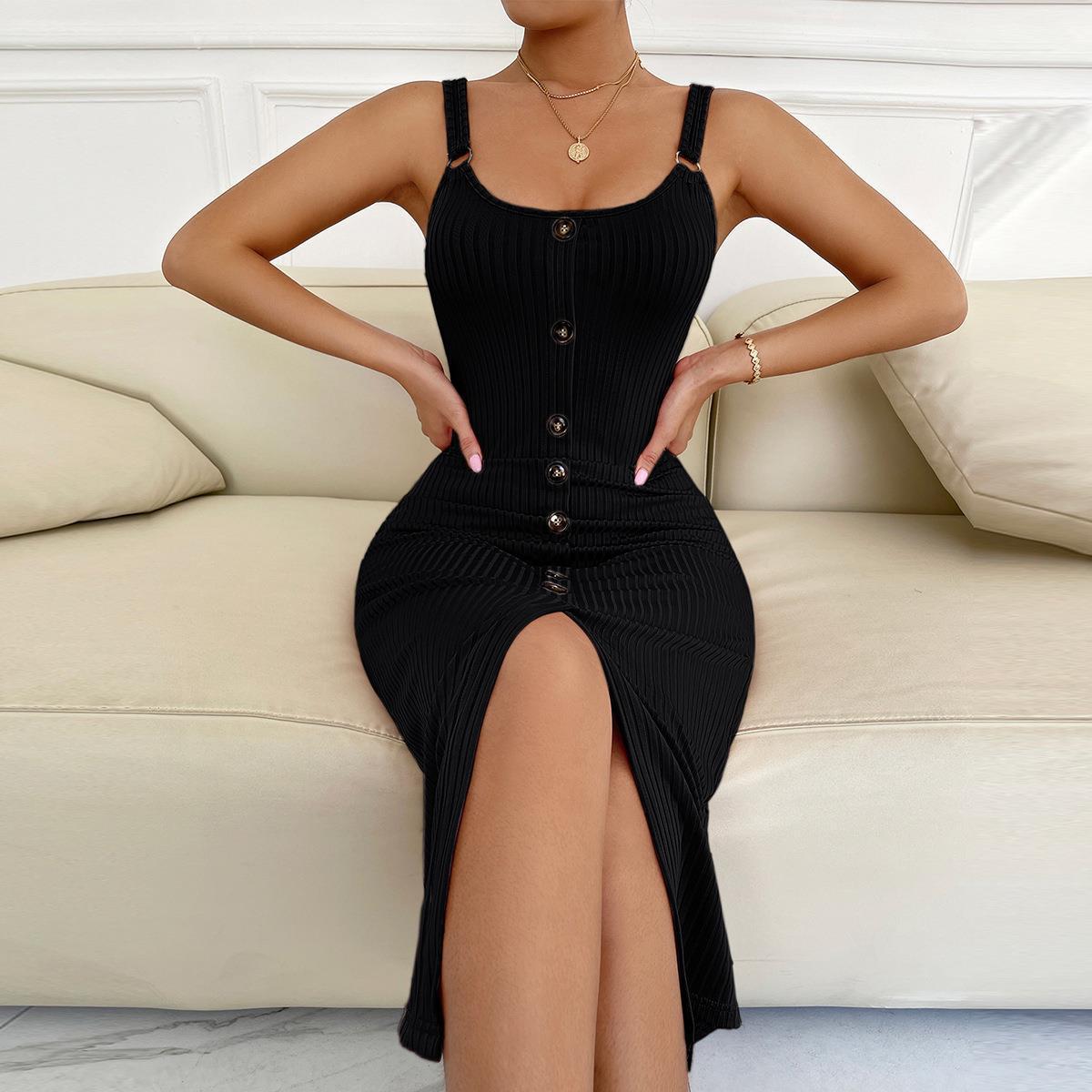 Damen Angesagtes Midi-Kleid mit Knopfdetails und schmaler Passform EB