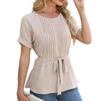 Damen elegante Bluse mit Falten-Design und Taillengürtel EB