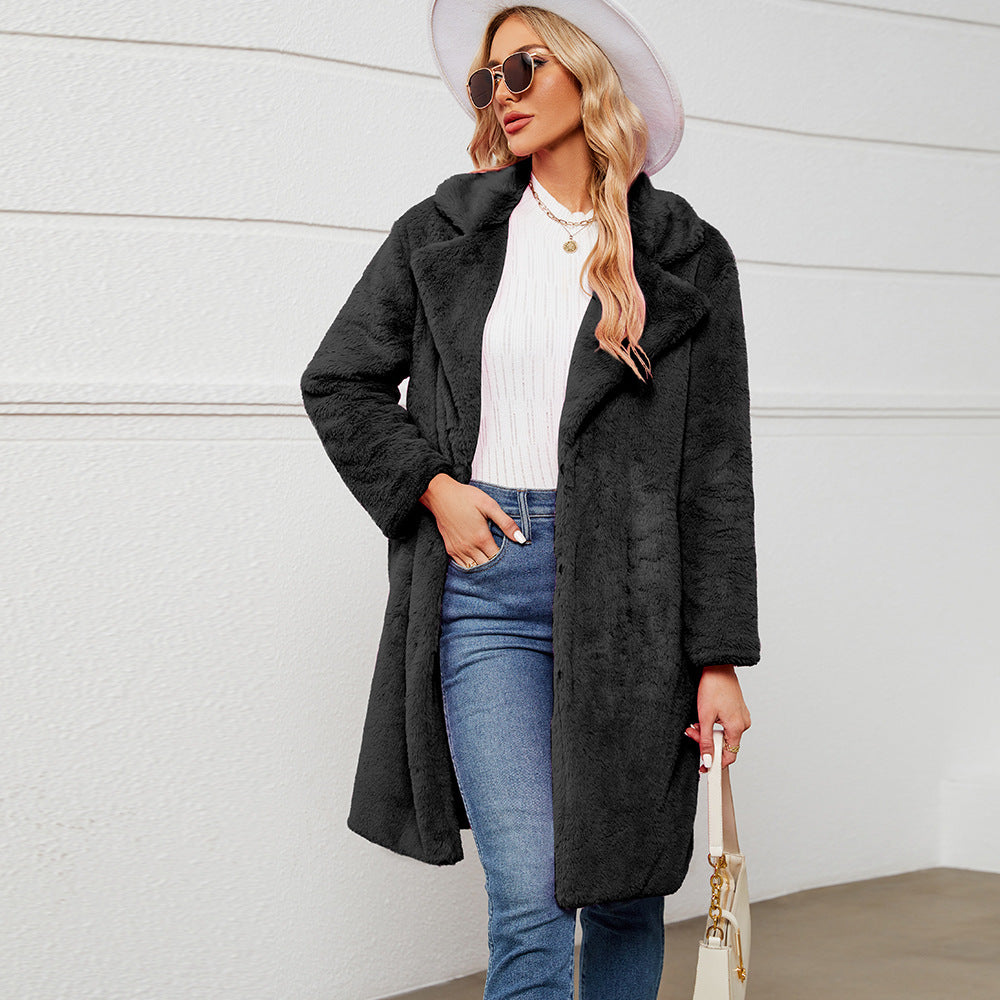 Damen Flauschiger Langmantel mit elegantem Revers EB