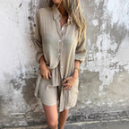 Damen legeres Baumwoll-Shorts-Set mit oversized Hemd und elastischem Bund EB