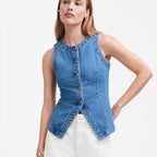 Damen Jeansweste mit Knopfleiste und seitlichen Eingrifftaschen EB