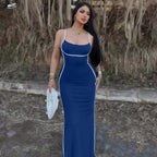 Damen elegantes Maxikleid mit schmalen Trägern und figurformendem Schnitt EB