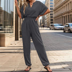 Lässiger Damen-Jumpsuit mit Taillensmock, kurzen Fledermausärmeln und elastischen Beinabschlüssen