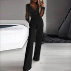 Damen Eleganter Jumpsuit mit transparenten Ärmeln und funkelnden Details EB