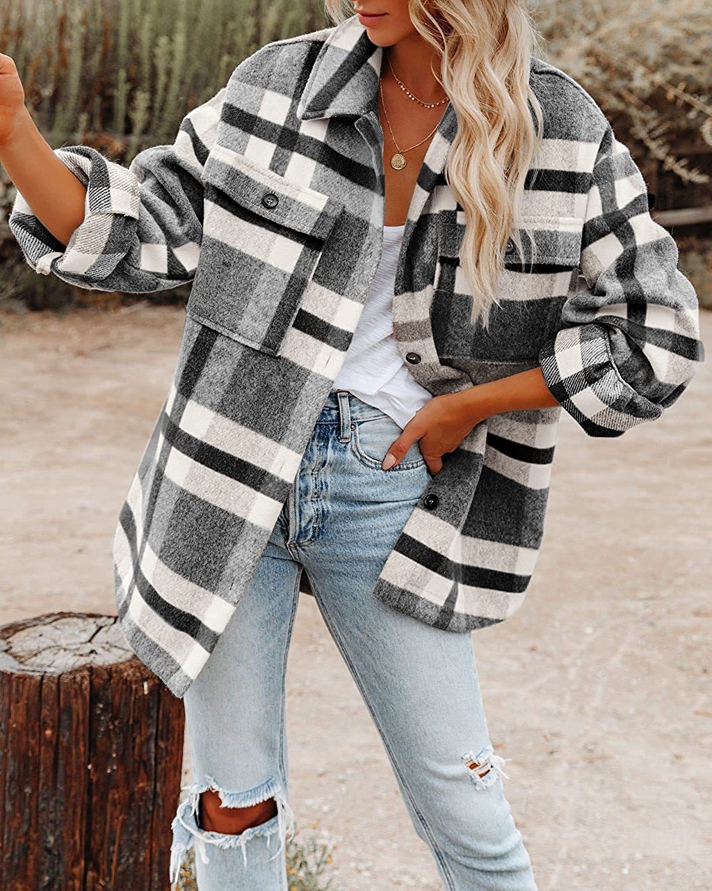 Damen Karomuster Oversized Hemdjacke EB