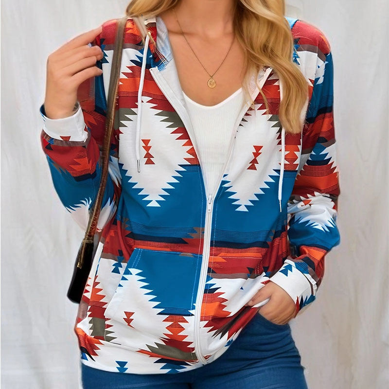 Damen Kapuzenjacke mit tribal inspiriertem Muster und praktischen Taschen EB