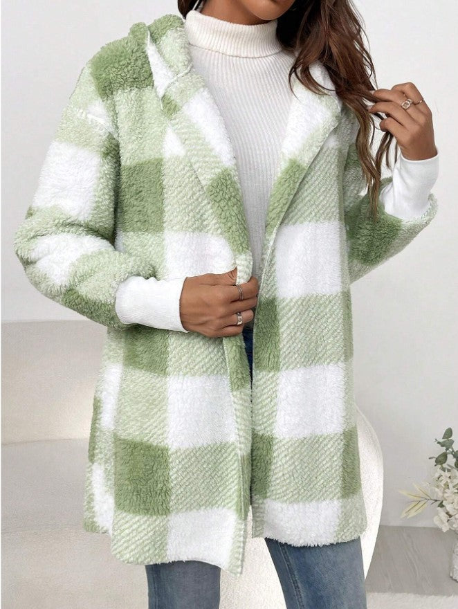 Damen Kuschelige Fleecejacke mit Karomuster und kapuziertem Design EB