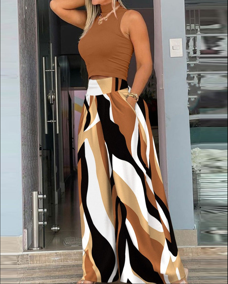 Damen angesagtes Outfit mit ärmellosem Oberteil und weitem Rock EB