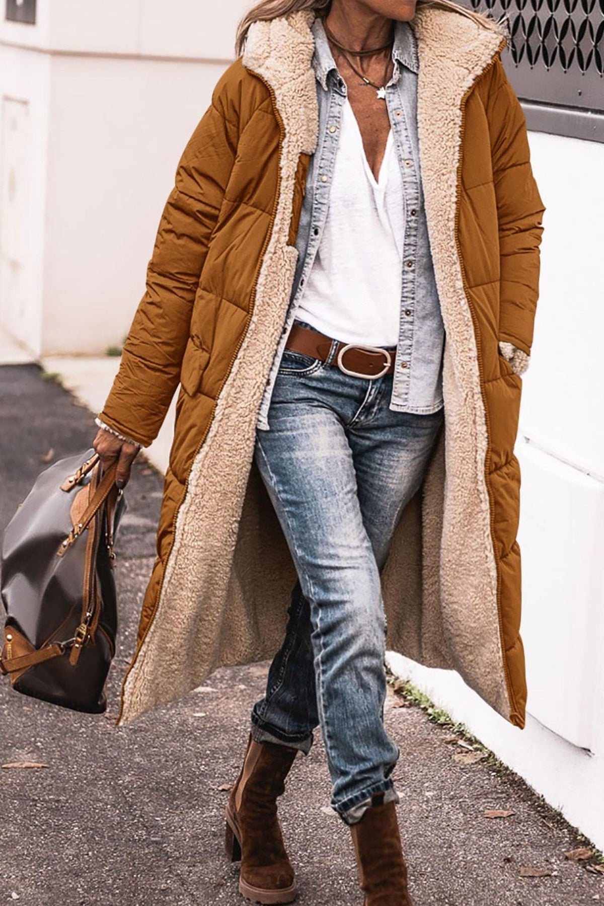Damen Lange Winterjacke mit weich gefüttertem Kragen EB