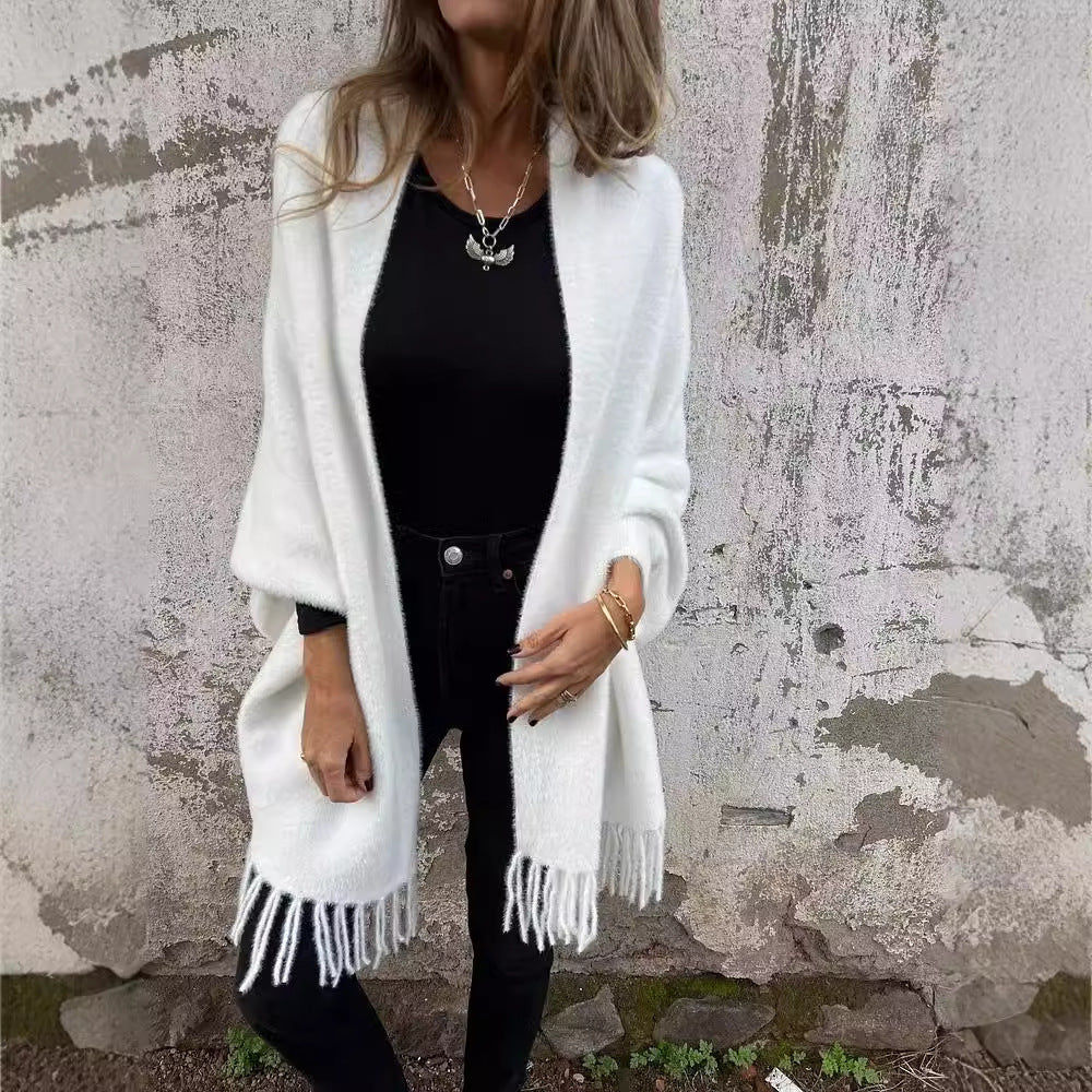 Damen Kuscheliger Strickponcho mit Fransen EB
