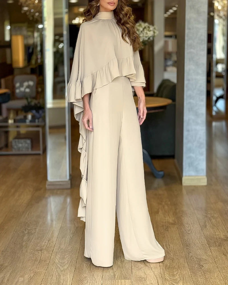 Eleganter Damen-Jumpsuit mit Cape-Rüsche und weitem Palazzo-Bein