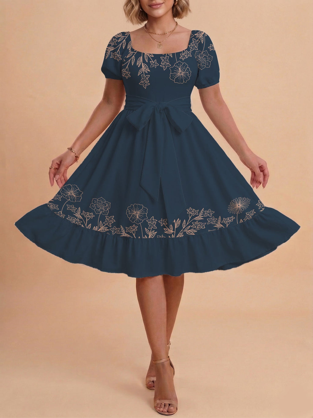 Damen A-Linien-Kleid mit floralen Motiven und taillierbarem Gürtel EB