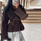 Damen Kunstlederjacke mit modischem Wickeldesign und breiten Ärmeln EB