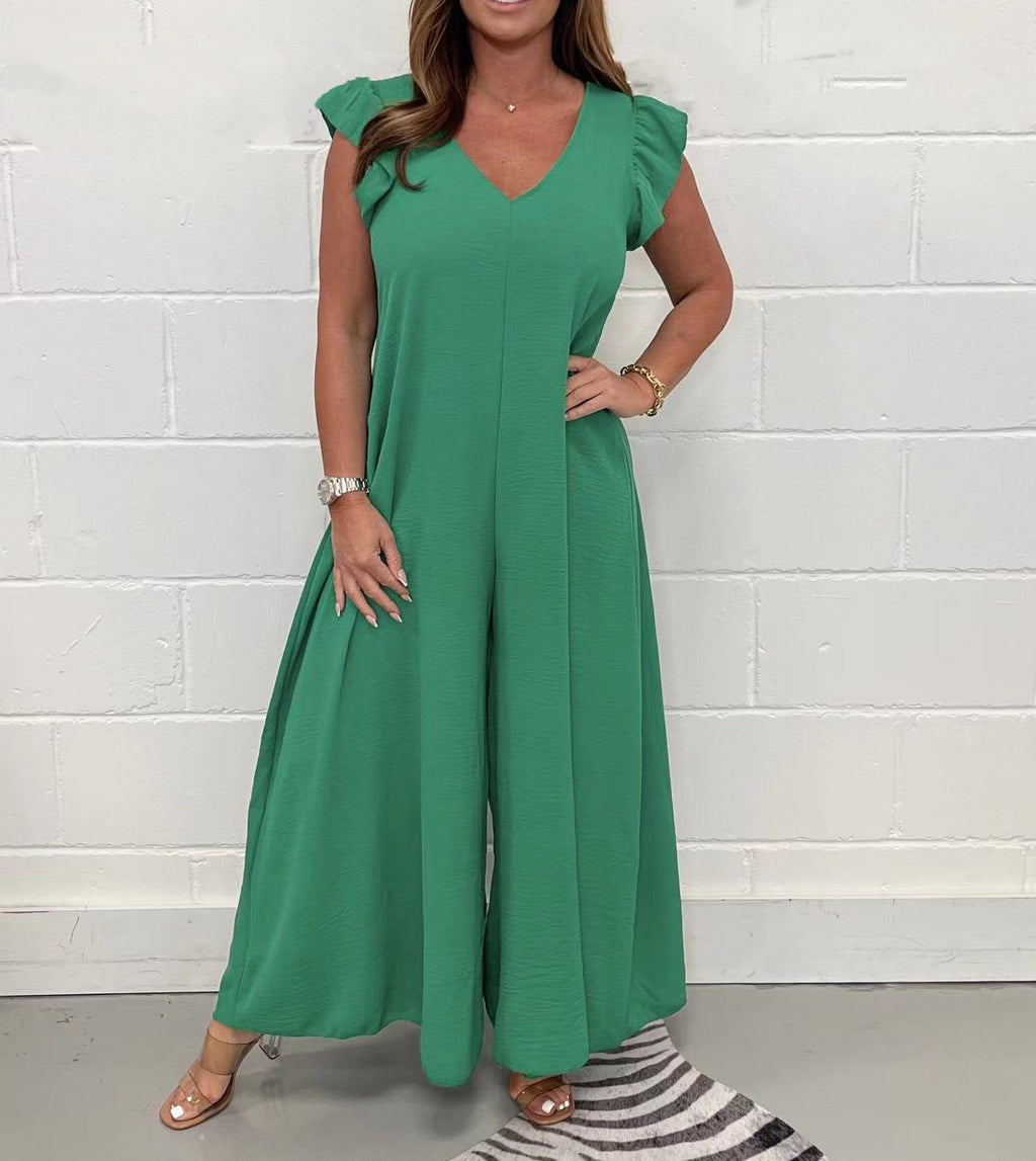 Damen luftiger Jumpsuit mit weit geschnittenem Bein und V-Ausschnitt EB