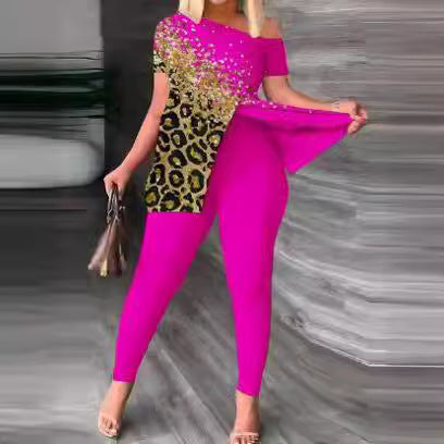 Damen Einseitig schulterfreier Jumpsuit mit animalischem Druck und Glitzerakzenten EB