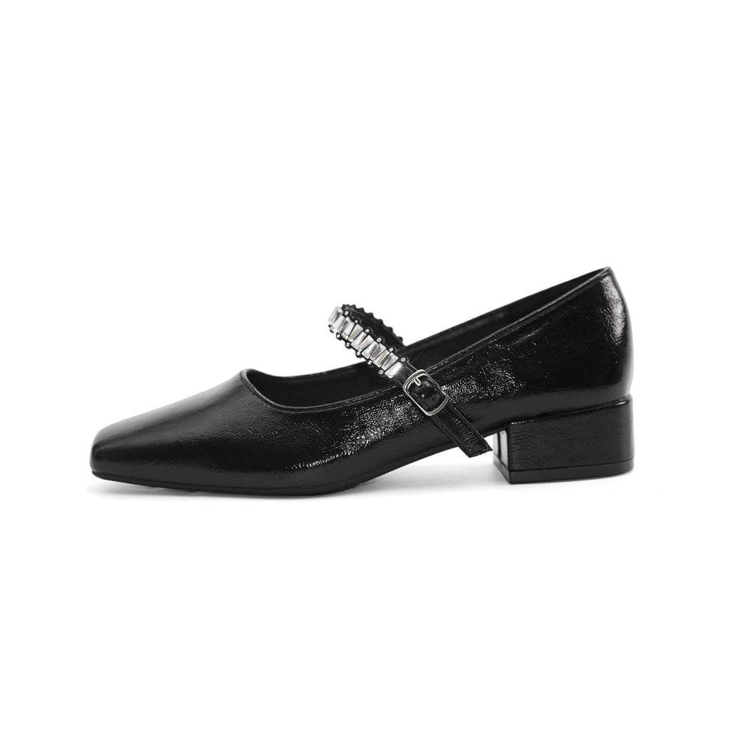 Damen Ballerinas mit schimmerndem Riemchen und elegantem Blockabsatz EB