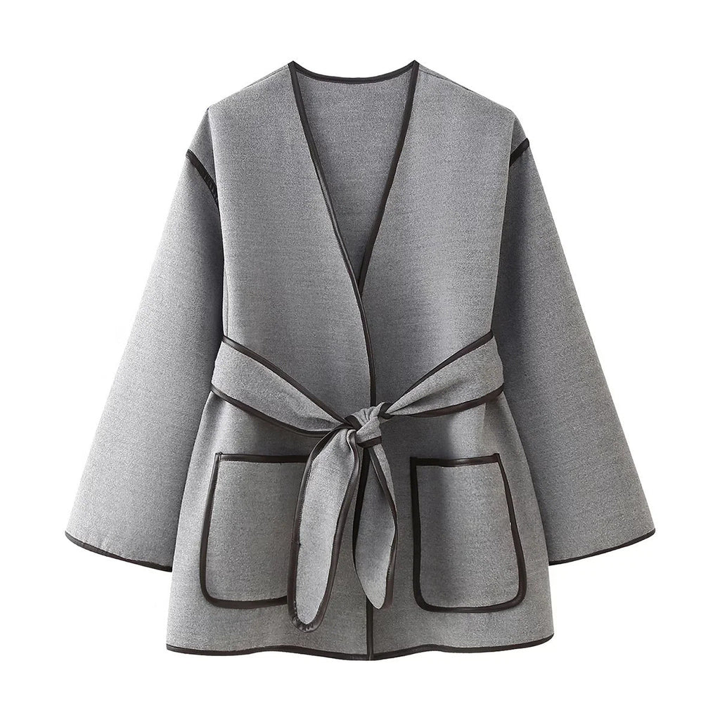 Damen elegante Wickeljacke mit praktischen Taschen EB