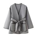 Damen elegante Wickeljacke mit praktischen Taschen EB