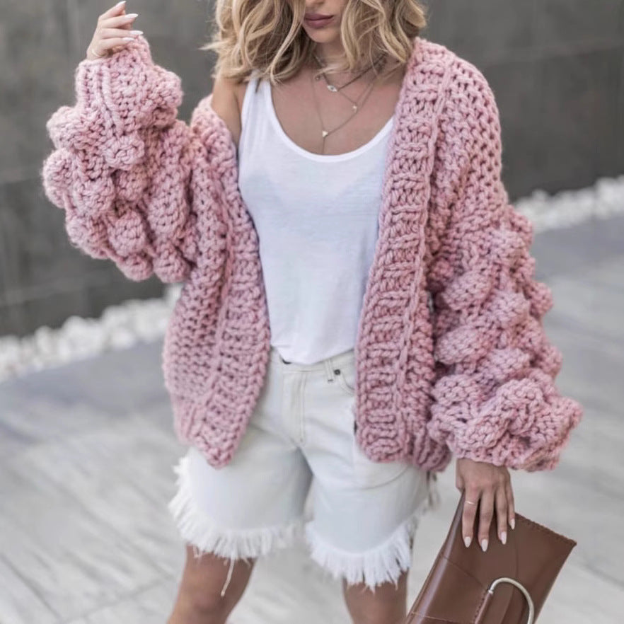 Damen Grob gestrickte Oversized-Jacke mit hohem Kragen und Kapuzendesign EB