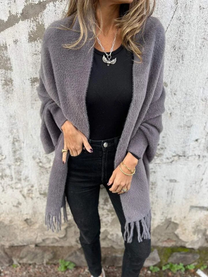 Damen Kuscheliger Strickponcho mit Fransen EB