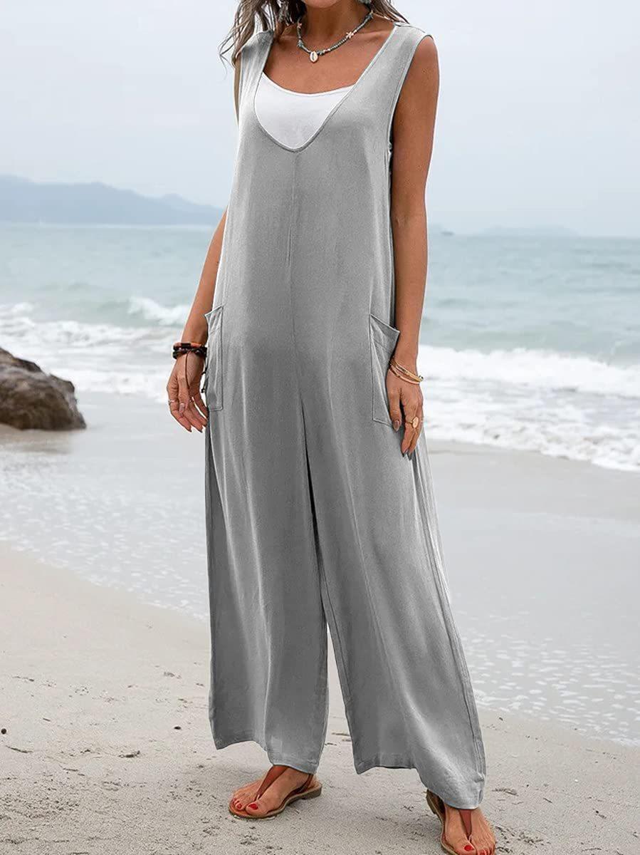 Damen Lässiger Jumpsuit mit tiefem V-Ausschnitt und praktischen Taschen EB
