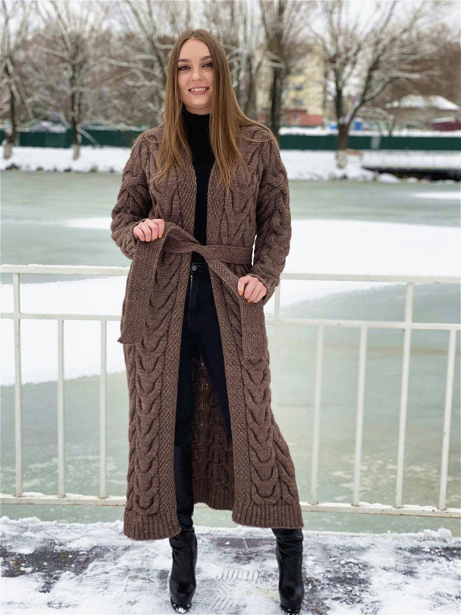 Damen Grobstrick-Mantel mit markantem Zopfdesign und offenem Schnitt EB