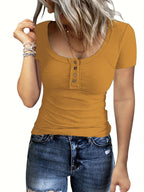 Damen Figurbetontes Kurzarmshirt mit strukturiertem Rippdesign und Knopfleiste EB