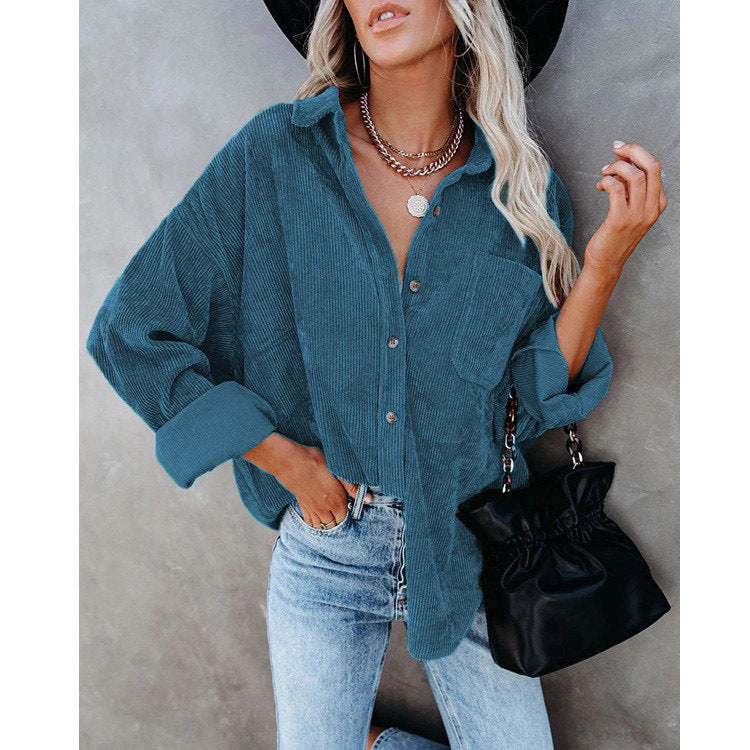 Damen nan oversized Cordhemd mit Brusttasche, Hemdkragen und aufgerollten Ärmeln EB