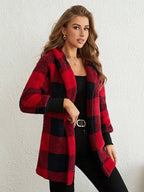 Damen Kuschelige Fleecejacke mit Karomuster und kapuziertem Design EB