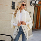 Damen luxuriöser Strickponcho mit elegantem Kunstfellkragen und Fransen EB
