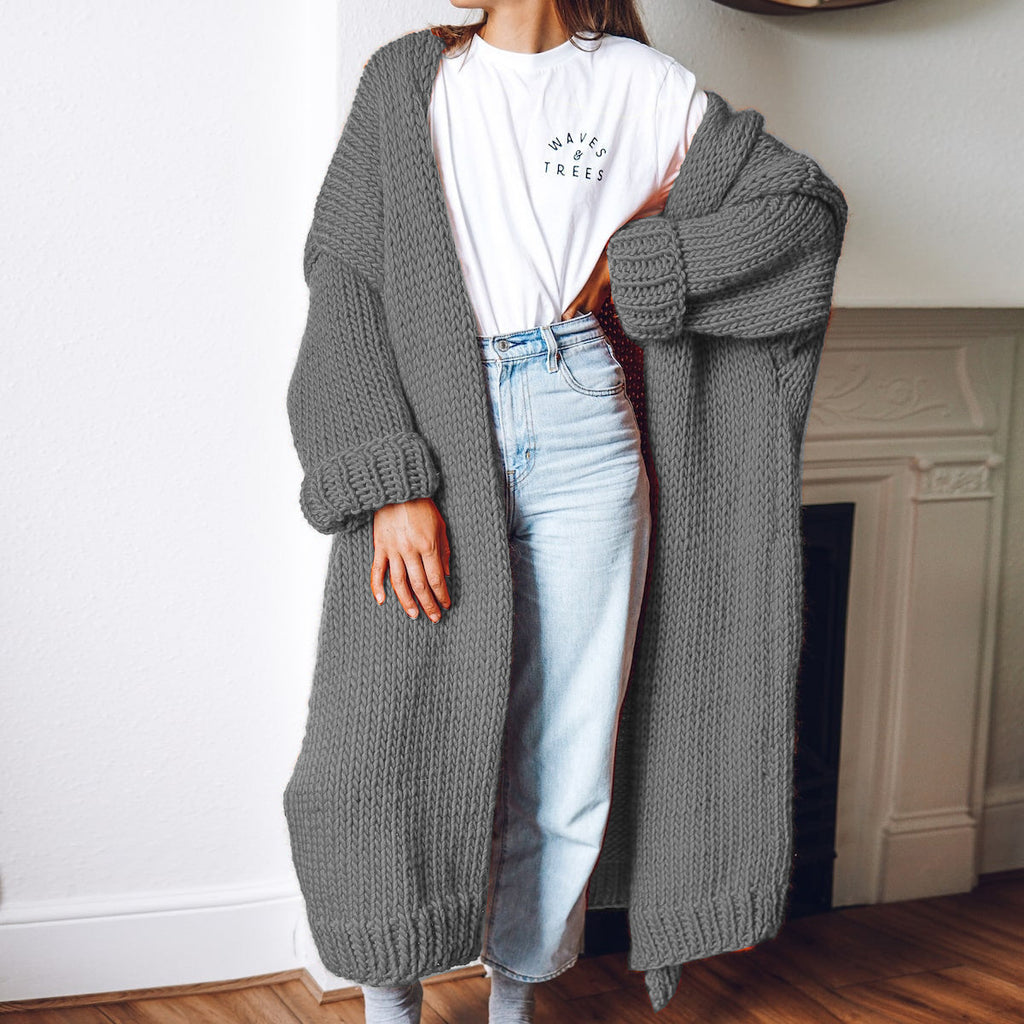 Damen Großer Strickmantel mit tiefen Taschen und voluminösen Ärmeln EB