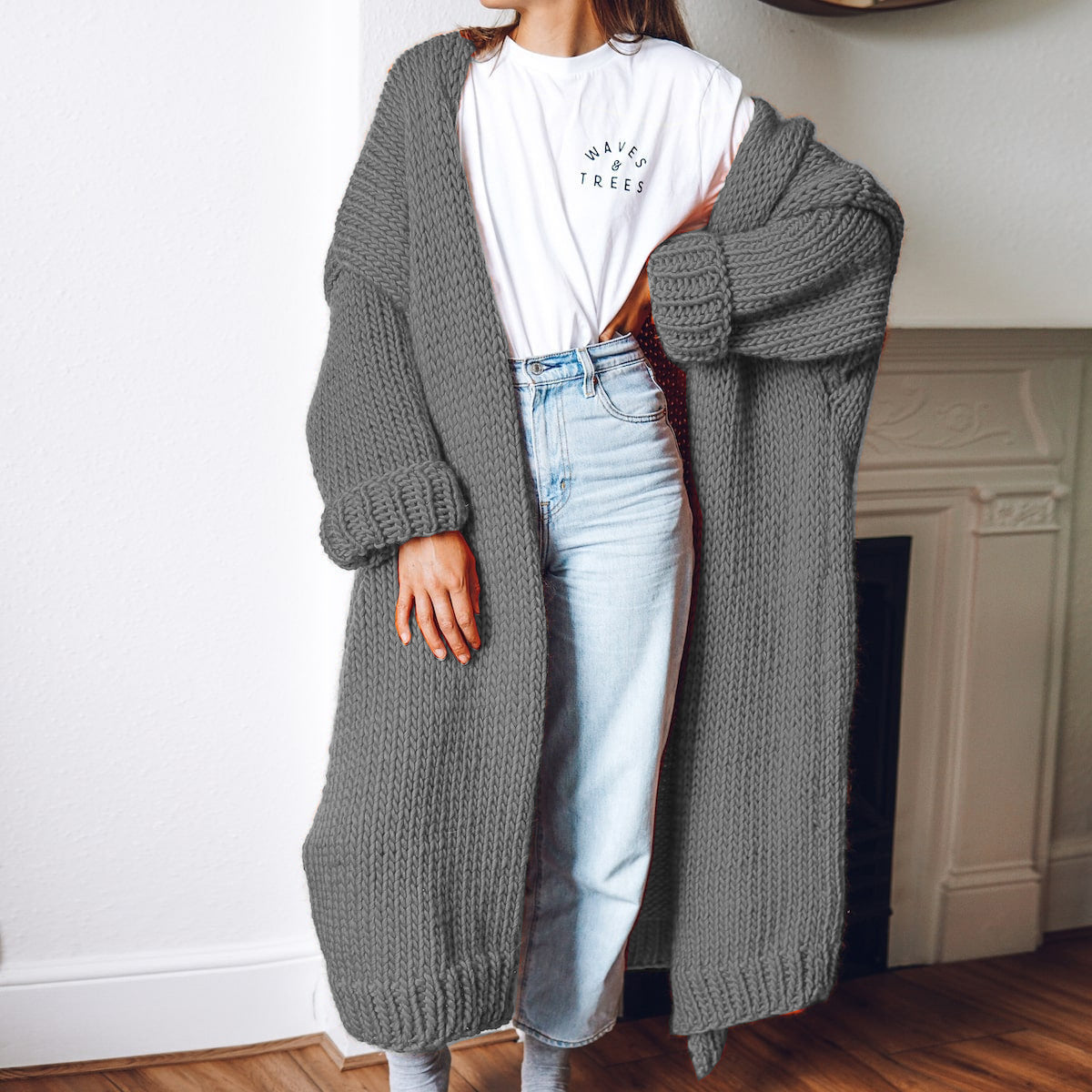 Damen Großer Strickmantel mit tiefen Taschen und voluminösen Ärmeln EB