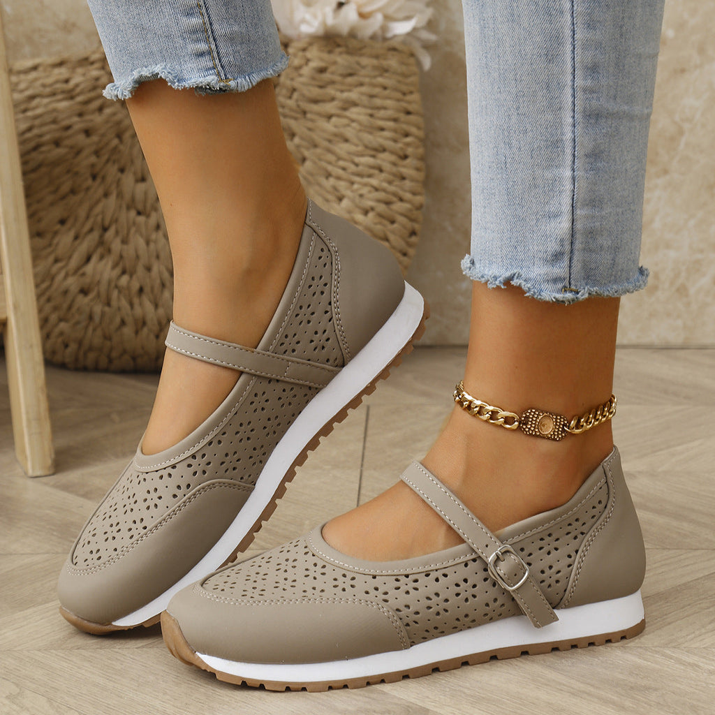 Damen bequeme und atmungsaktive Ballerinas mit Riemen und perforiertem Design EB