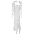 Damen Elegante Maxikleid mit transparenter Spitzenoberfläche und seitlichem Schlitz EB